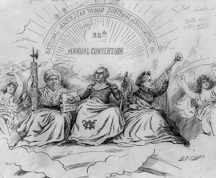 "The Apotheosis of Suffrage," a cartoon mocking Elizabeth Cady Stanton and Susan B. Anthony CREDIT: Coffin, George Yost, artist. "The Apotheosis of Suffrage." 1896. Cartoon Drawings, Prints and Photographs Division, Library of Congress.